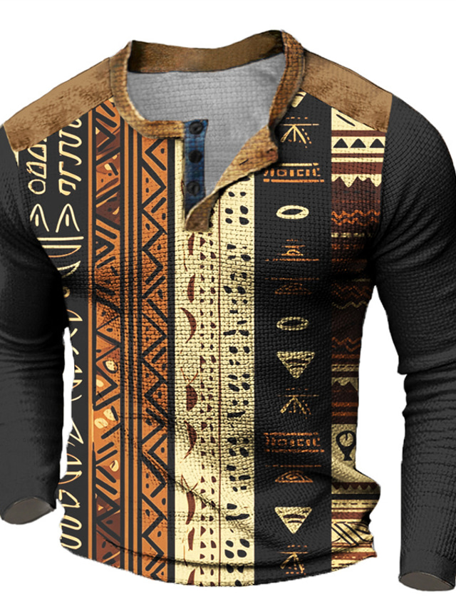  Graphic Tribal Designer Casual Vintage Retro Men's 3D Print Henley Shirt Waffle T Shirt Sports Outdoor Holiday Festival T shirt Blue Red & White Green Long Sleeve Henley Shirt Spring &  Fall Clothing