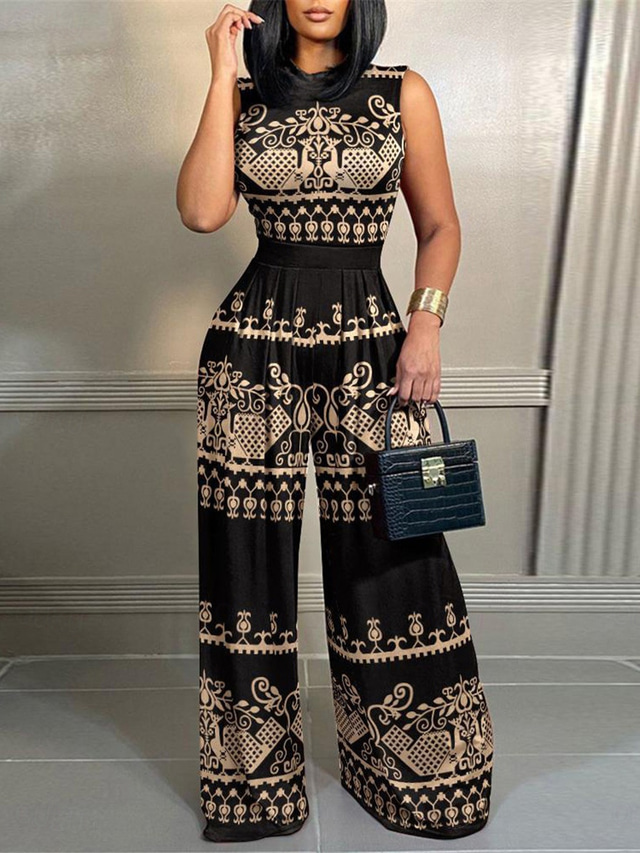  Dam Vanligt Jumpsuits Streetwear Blommig Ärmlös Rund hals Hög midja Mönster Gata Dagligen Normal Svart Gul Rodnande Rosa Sommar