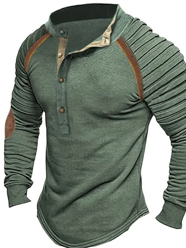  Men's T shirt Tee Henley Shirt Tee Top Long Sleeve Shirt Color Block Slim Pleated Henley Street Vacation Long Sleeve Patchwork Clothing Apparel Vintage Designer Basic