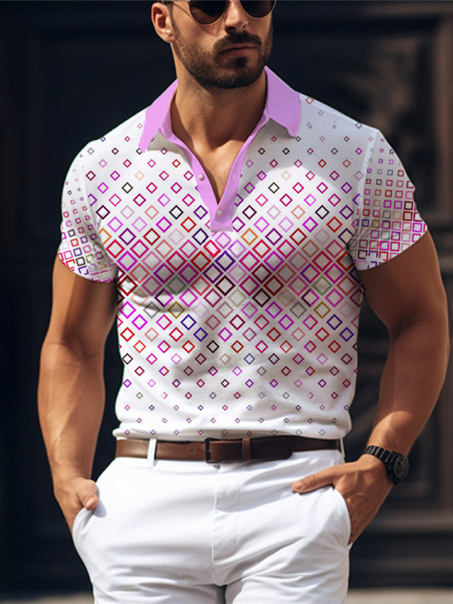  Γεωμετρία Ανδρικά Δουλειά 3D Στάμπα γκολφ πόλο ΕΞΩΤΕΡΙΚΟΥ ΧΩΡΟΥ Καθημερινά Ρούχα Streetwear Πολυεστέρας Κοντομάνικο Απορρίπτω Μπλουζάκια πόλο Ανθισμένο Ροζ Βυσσινί Ανοιξη καλοκαίρι Τ M L Μικροελαστικό