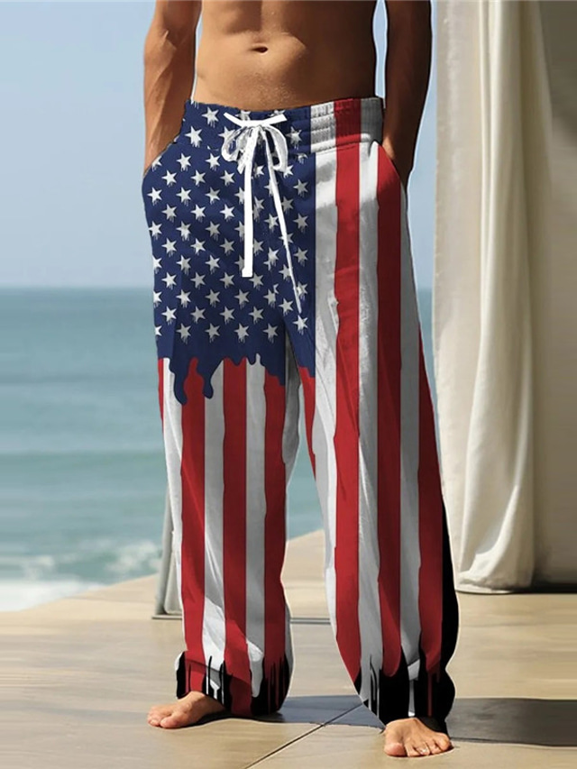 Amerikanische US-Flagge, lässige Herrenhose mit 3D-Druck, Outdoor-Hose, Alltagskleidung, Streetwear, Polyester, Rot, Blau, S, M, L, mittlere Taille, elastische Hose