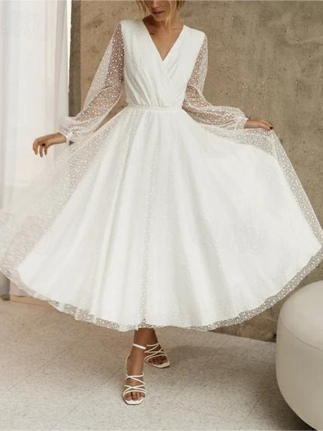  TS Beach Little White Dresses Wedding Dresses A-Line V Neck Long Sleeve Tea Length Sequined Bridal Gowns With Beading Solid Color 2024