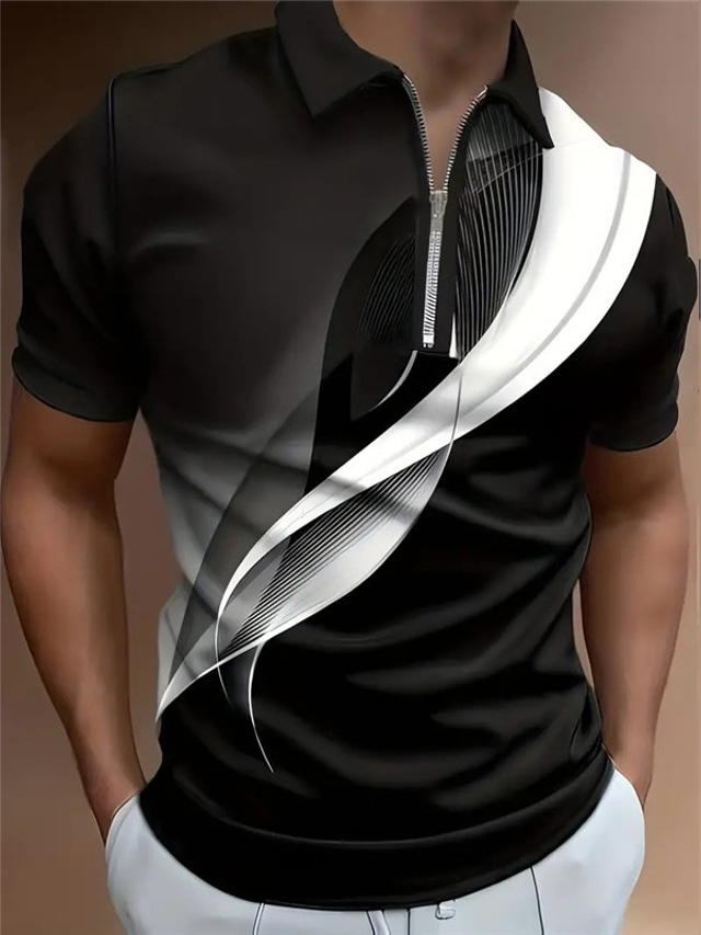  Vonalizzó Férfi Alkalmi 3D Nyomtatott Zip Polo golf póló Szabadtéri Hétköznapi viselet Utcai öltözék Poliészter Rövid ujjú Térfogatcsökkenés Cipzár Pólóingek Fekete Tavaszi nyár S M L Mikroelasztikus