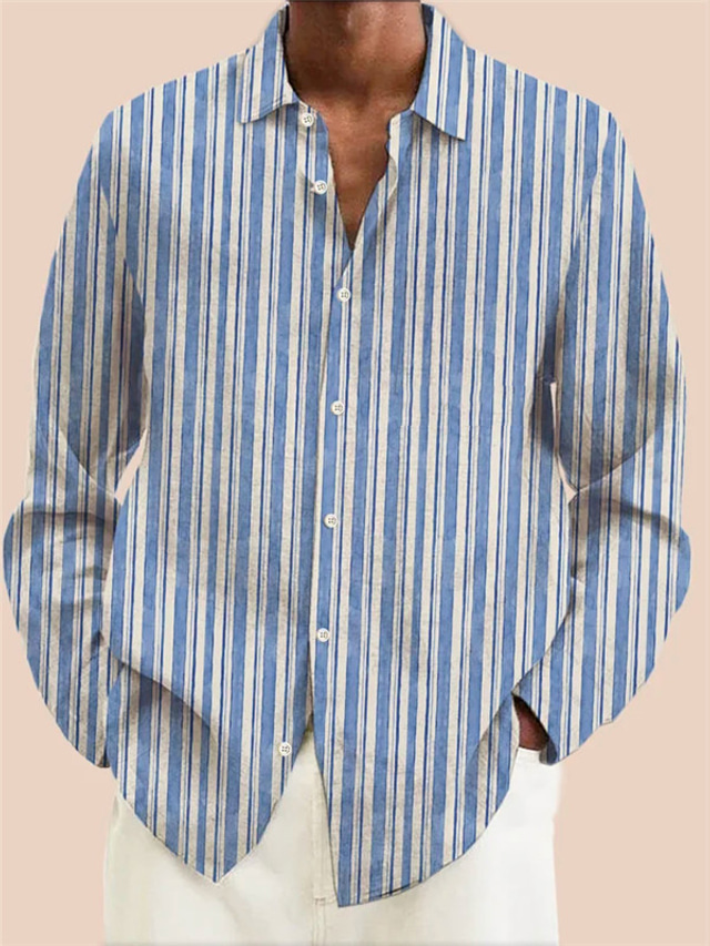 Stripe Business Casual Men's Shirt Daily Wear Going out Fall & Winter Turndown Long Sleeve Light Blue, Blue, Brown S, M, L 4-Way Stretch Fabric Shirt