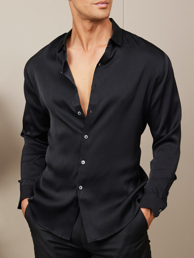  Homens Camisa Social camisa de botão Camisa casual Camisa de cetim de seda Preto Branco Azul Escuro Manga Longa Tecido Lapela Diário Férias Roupa Moda Casual Confortável