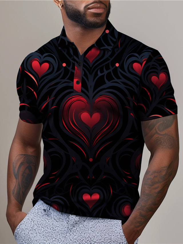  Valentine's Day Heart Men's Casual Print 3D Outdoor Daily Wear Streetwear  Polyester Short Sleeve Turndown Polo Shirts Red Blue Spring & Summer S M L Micro-elastic