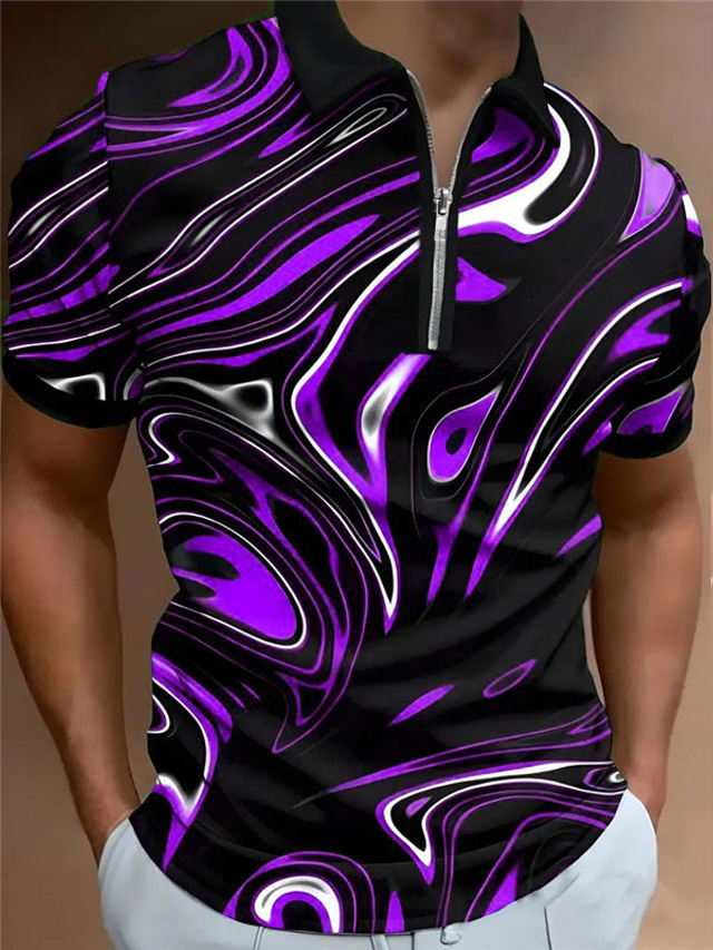  Optical Illusion Men's Abstract 3D Print Zip Polo Outdoor Daily Wear Streetwear Polyester Short Sleeve Turndown Zip Polo Shirts Blue Purple Spring & Summer S M L Micro-elastic Lapel Polo