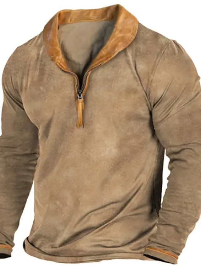  Men's T Shirt Quarter Zip Tee Tee Top Long Sleeve Shirt Long Sleeve Lapel Spring &  Fall Color Block Vintage Designer Basic Patchwork Zipper Vacation Street Going out Khaki Top Tee for Men