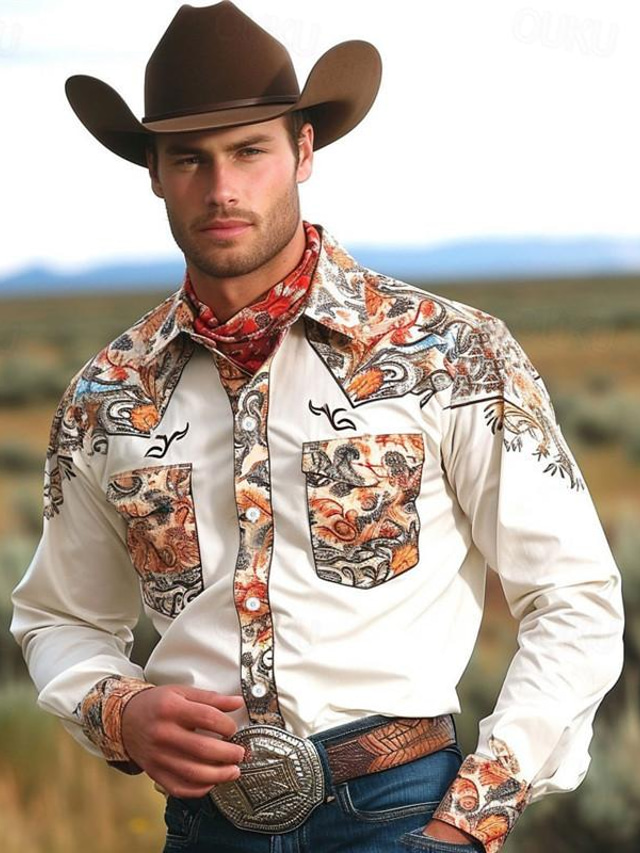  Floral Vintage western style Men's Printed Shirts Daily Wear Going out Weekend Spring Turndown Long Sleeve White, Khaki, Gray S, M, L 4-Way Stretch Fabric Shirt