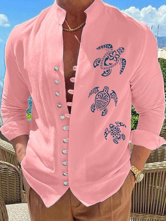  Turtle Men's Hawaiian Casual Graphic Shirt Daily Wear Going out Weekend Spring Standing Collar Long Sleeve Black, White, Pink S, M, L Washable Cotton Fabric Shirt