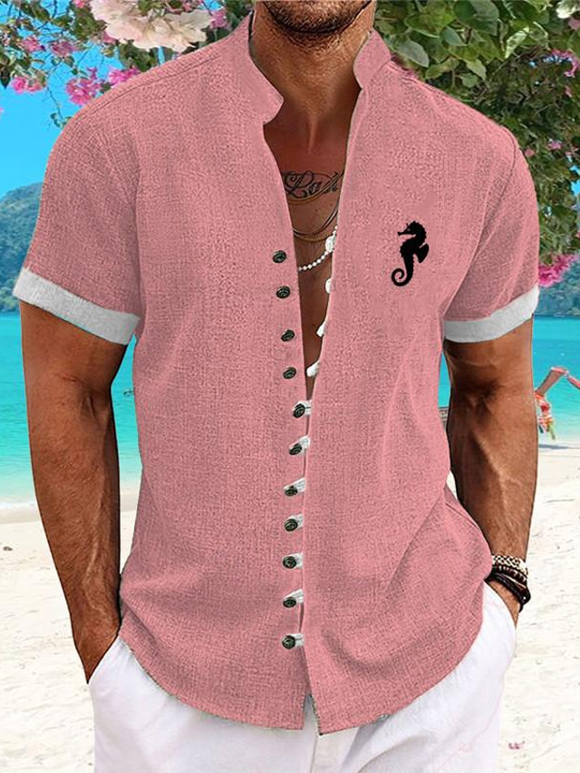  Graphic Prints Men's Resort Hawaiian 3D Printed Shirt Holiday Vacation Summer Standing Collar Short Sleeves Pink Blue Purple S M L Shirt