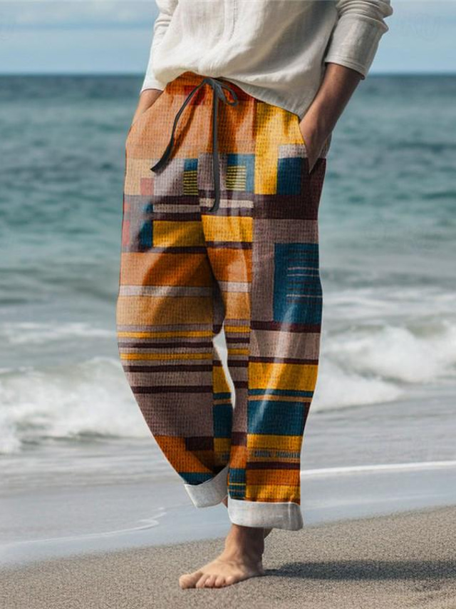  színes blokk alkalmi férfi üdülőhely 3D nyomtatott alkalmi nadrág nadrág elasztikus derék húzózsinór laza szabású egyenes szárú nyári strandnadrág s-től 3xl-ig