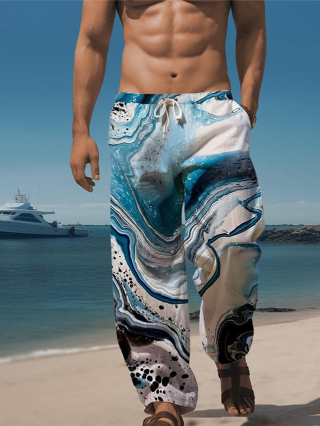  Marmorierung Herren Resort 3D-gedruckte Freizeithose Hose elastische Taille Kordelzug lockere Passform gerades Bein Sommer Strandhose S bis 3XL