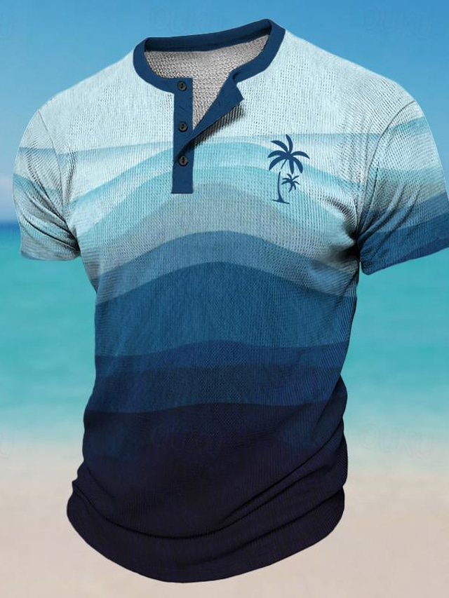 Gradient Color Coconut Palm Men's Resort Hawaiian 3D Print Waffle Henley Shirt T shirt Tee Casual Hawaiian Holiday T shirt Blue Purple Green Short Sleeve Henley Shirt Spring & Summer