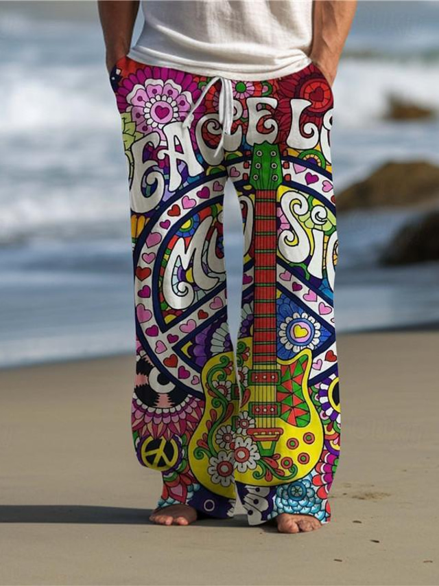 Pantalon décontracté imprimé en 3D pour hommes, guitare hippie, taille élastique, cordon de serrage, coupe ample, jambe droite, pantalon de plage d'été s à 3xl