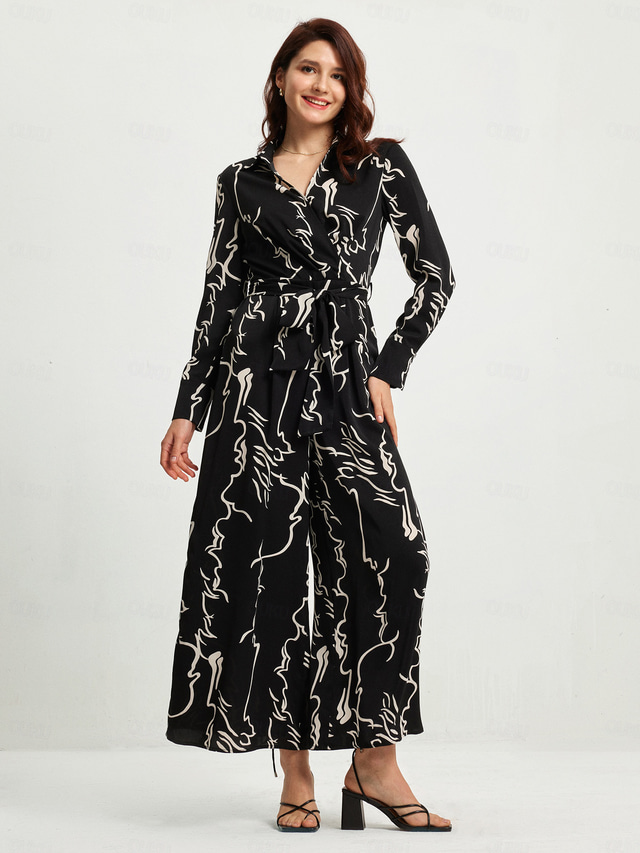  Marble Graffiti Playsuit Shirt Collar Long Sleeve Jumpsuit