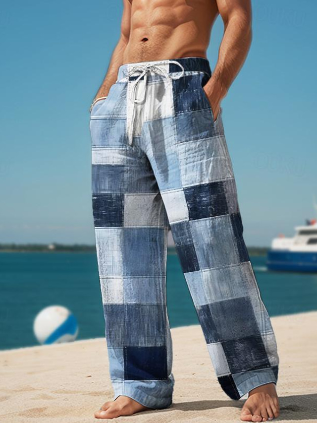  Pantalon décontracté imprimé en 3D à carreaux color block pour hommes, taille élastique, cordon de serrage, coupe ample, jambe droite, pantalon de plage d'été s à 3xl