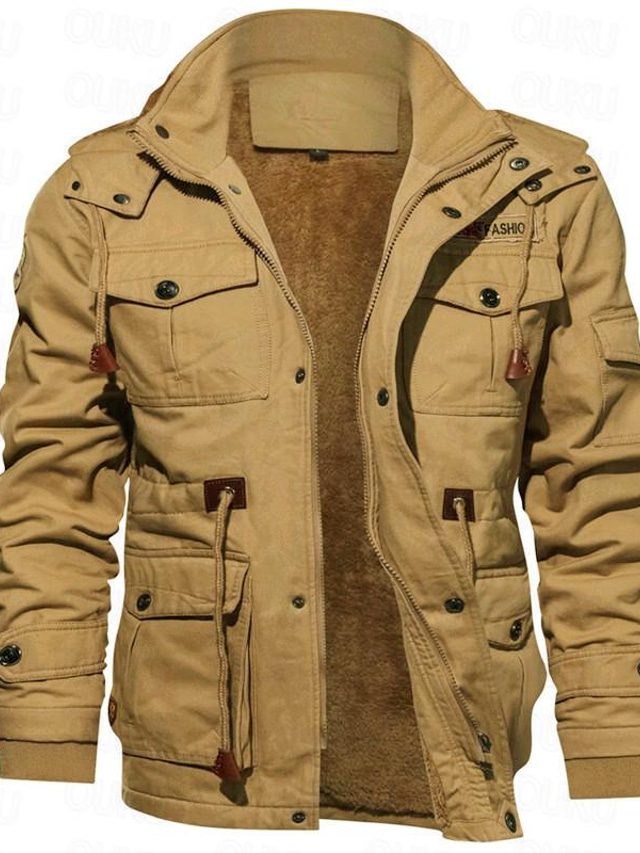  Férfi Bombázó dzseki Téli kabát Tél Szokványos Egyszínű Zsinór Alap Napi Gyapjú bélés Meleg Katonai zöld Khakizöld Fekete