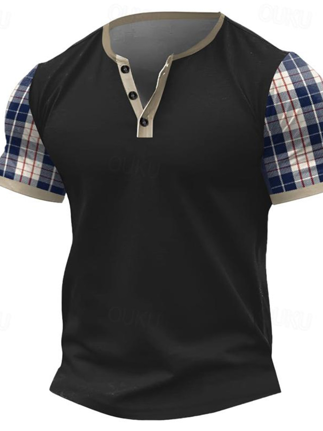  Graphic Plaid Color Block Fashion Retro Vintage Classic Men's 3D Print T shirt Tee Henley Shirt Sports Outdoor Holiday Going out T shirt Black Navy Blue Brown Short Sleeve Henley Shirt Spring & Summer