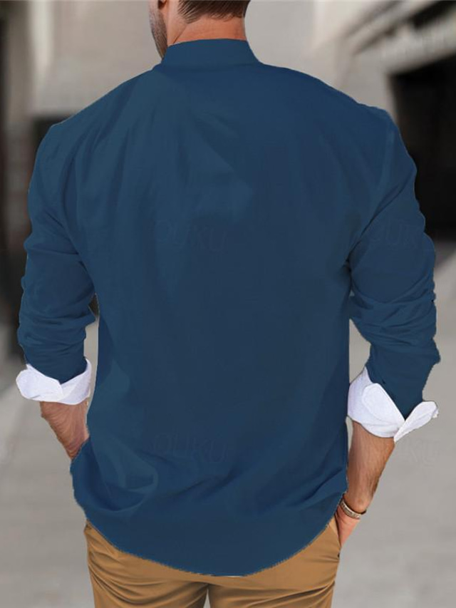  Teclas panorámicas Casual Hombre Camisa camisa de lino Ropa Cotidiana Noche Fin de semana Primavera Cuello Mao Manga Larga Azul Marino, Azul Piscina, Gris S, M, L Tela flameada Camisa