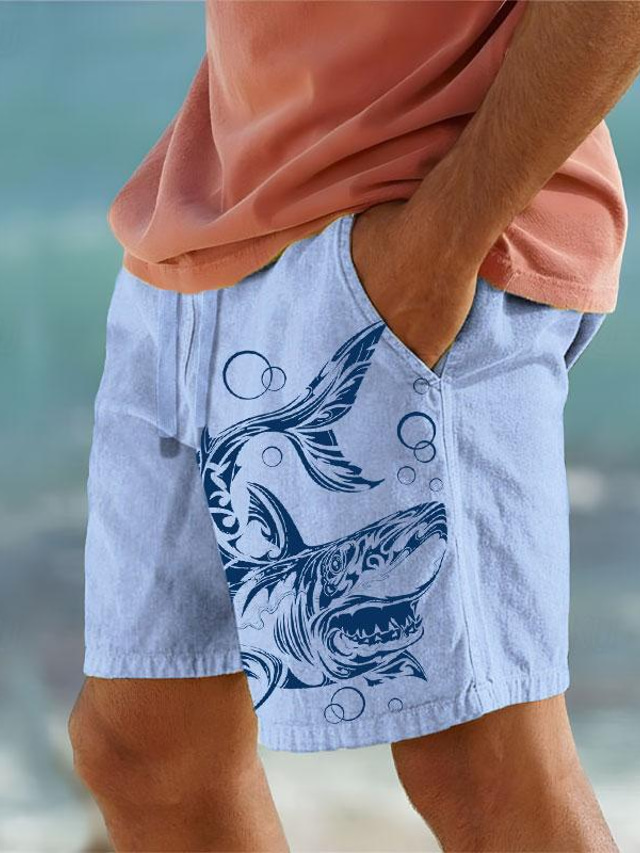  animal tiburón impreso pantalones cortos de algodón para hombre pantalones cortos hawaianos de verano pantalones cortos de playa cordón cintura elástica comodidad transpirable corto al aire libre
