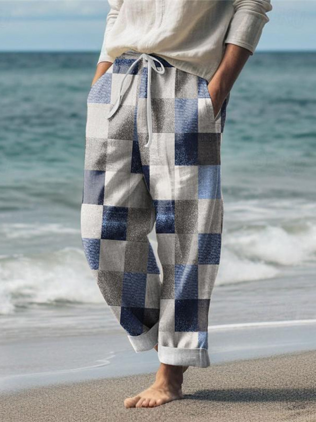  barevný blok kostkované pánské letovisko 3D potištěné ležérní kalhoty kalhoty elastický pas stahovací šňůrka volný střih rovné nohavice letní plážové kalhoty s až 3xl