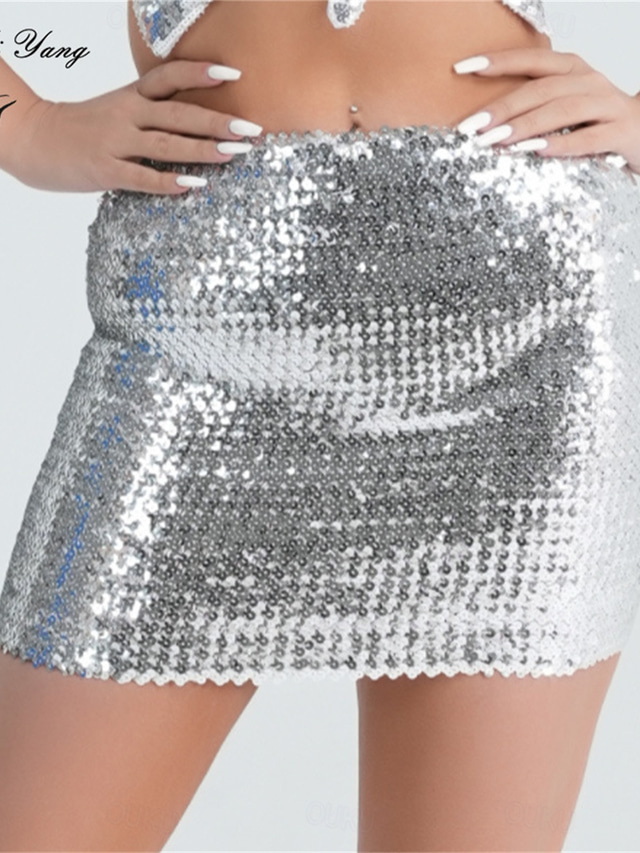  Women's Skirt Bodycon Sparkly Skirt Mini Skirts Sequins Solid Colored Performance Party Summer Polyester Fashion Sexy Black Silver Golden Red