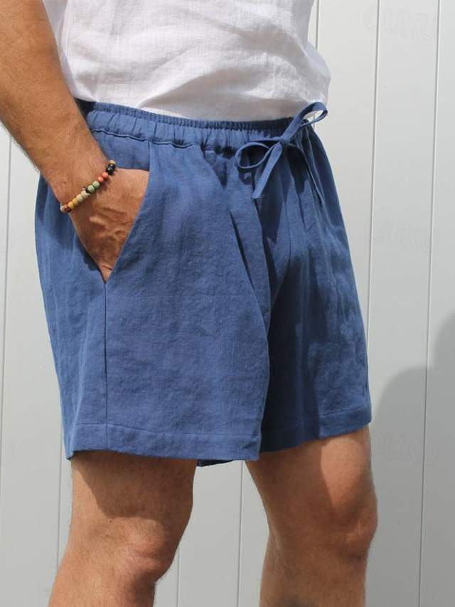  Men's Shorts Linen Shorts Summer Shorts Pocket Drawstring Elastic Waist Plain Comfort Breathable Short Casual Daily Holiday Fashion Classic Style Black White