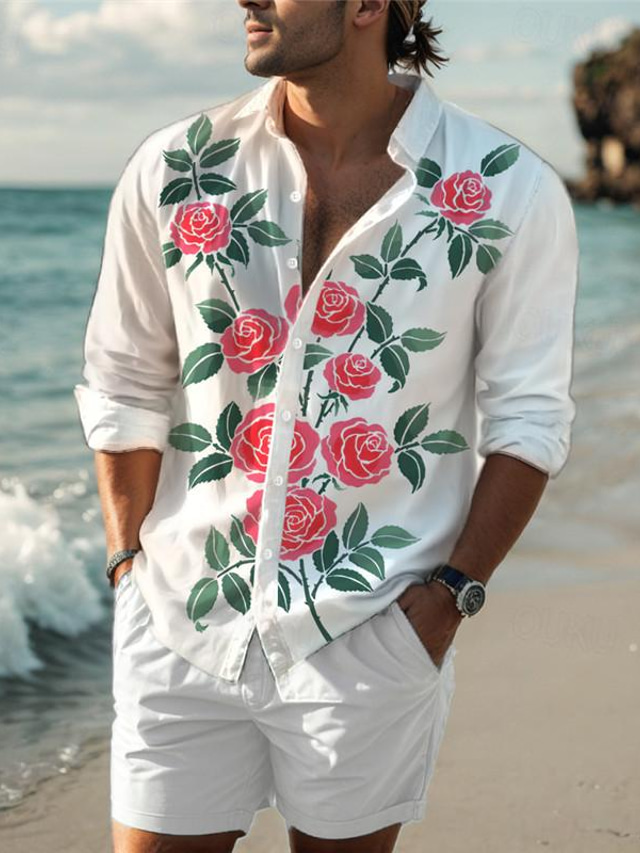  Rose Hawaiianisch Brautkleider schlicht Herren Hemd Freizeitskleidung Ausgehen Frühling Umlegekragen Langarm Rote, Blau, Purpur S, M, L 4-Wege-Stretchgewebe Hemd