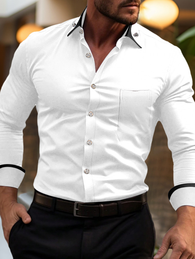  Men's Shirt Dress Shirt Black White Pink Long Sleeve Color Block Lapel Spring &  Fall Office & Career Wedding Party Clothing Apparel Pocket