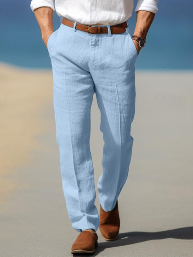  Hombre pantalones de traje Pantalones de lino Pantalones Pantalones de verano Pantalones de playa Bolsillo delantero Pierna recta Plano Comodidad Transpirable Formal Negocio Festivos Moda Básico