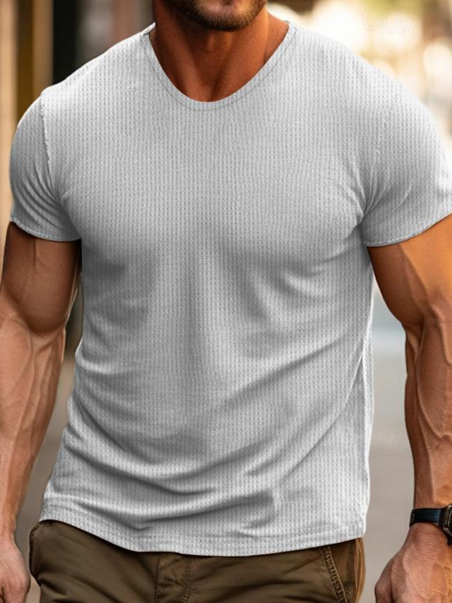 Per uomo maglietta T-shirt in maglia waffle T-shirt Liscio A V Strada Da mare Maniche corte Abbigliamento Di tendenza Originale Essenziale