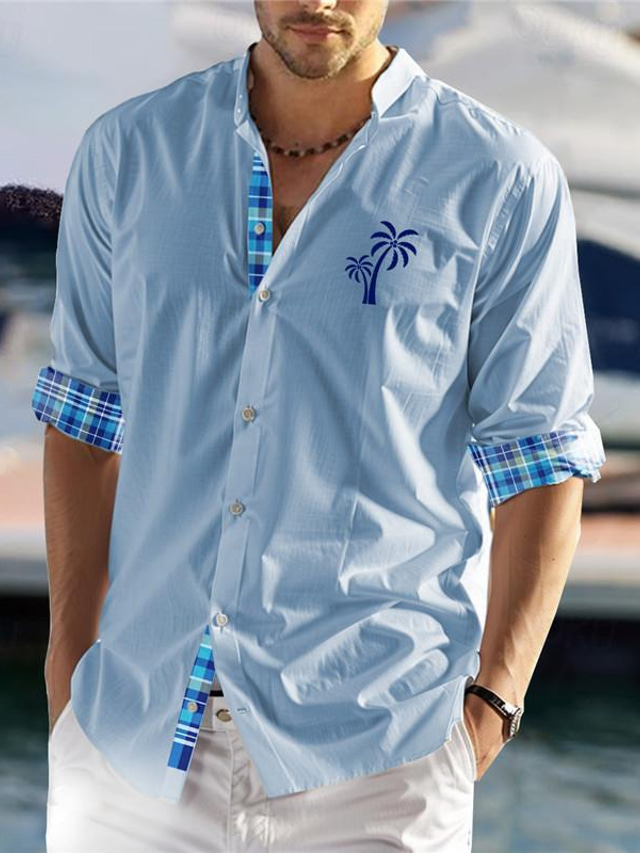  Plaid / Check Palm Tree Men's Resort Hawaiian 3D Printed Shirt Hawaiian Holiday Daily Wear Spring & Summer Standing Collar Long Sleeve Blue Green Khaki S M L Polyester Shirt