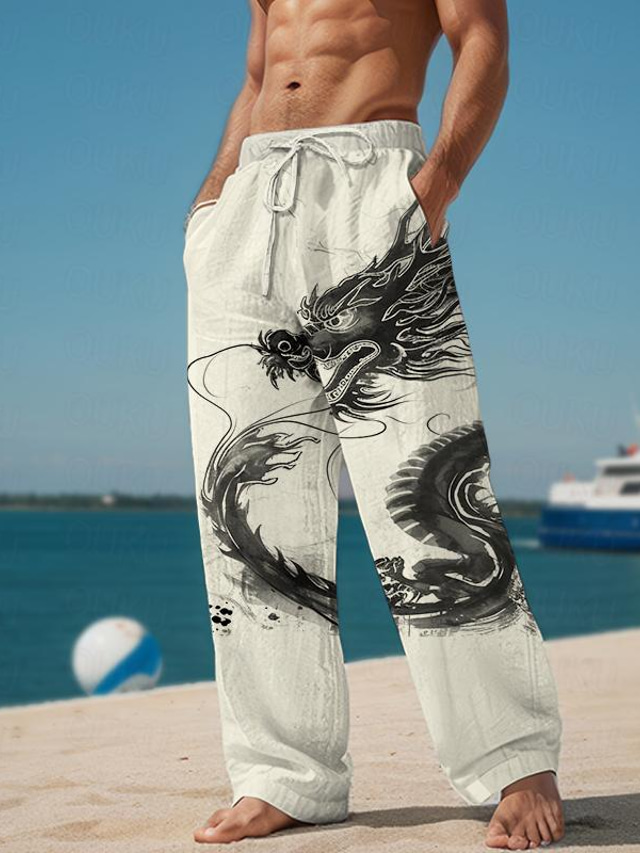  Pantalon décontracté imprimé dragon abstrait pour hommes en 3D, taille élastique, cordon de serrage, coupe ample, jambe droite, pantalon de plage d'été s à 3xl