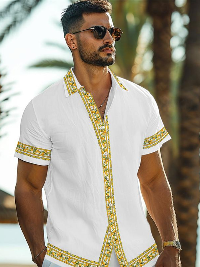  Lemon Tropical Men's Resort Hawaiian 3D Printed Shirt Button Up Short Sleeve Summer Beach Shirt Vacation Daily Wear S TO 3XL
