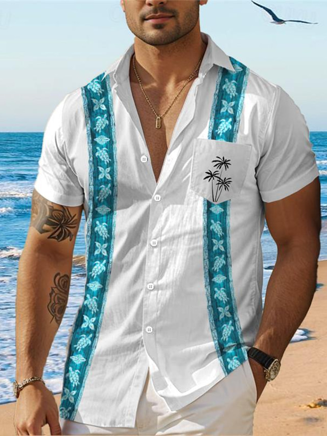  Palm Tree Men's Resort Hawaiian 3D Printed Shirt Outdoor Holiday Vacation Summer Turndown Short Sleeves Blue Khaki Beige S M L 4-Way Stretch Fabric Shirt