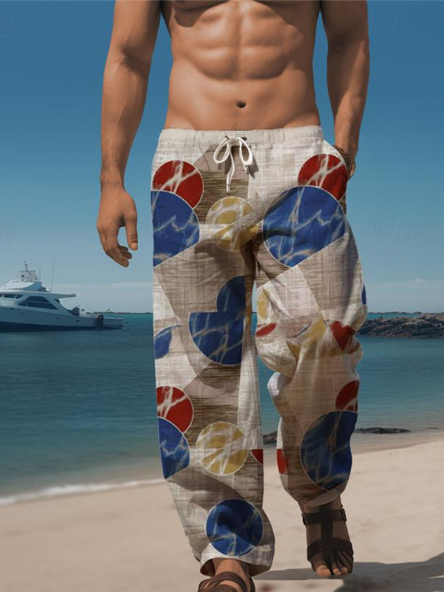  Geometría de bloques de color Resort para hombres Pantalones casuales con estampado 3D Pantalones Cintura elástica Cordón Ajuste holgado Pantalones de playa de verano de pierna recta S a 3XL
