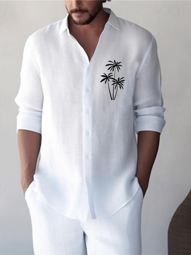  Herre Bomull Lin Skjorte linskjorte Palmetre Trykt mønster Langermet Aftæpning Hvit, Blå Skjorte utendørs Daglig Feriereise