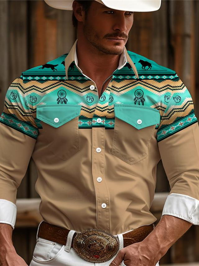  Aztec Tribal Ethnic Men's Vintage western style 3D Printed Western Shirt  Daily Wear Going out Weekend Spring & Summer Turndown Long Sleeve Pink Green Khaki S M L 4-Way Stretch Fabric Shirt