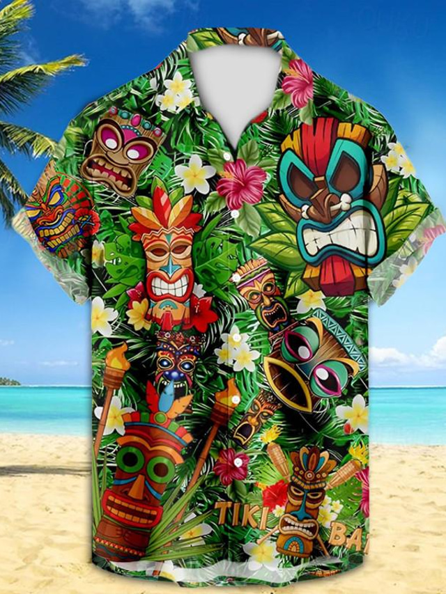  טיקי פיסול טרופי גברים נופש הוואי חולצה מודפסת תלת מימד כפתור למעלה שרוולים קצרים חולצת חוף קיץ חופשה ללבוש יומי s to 3xl