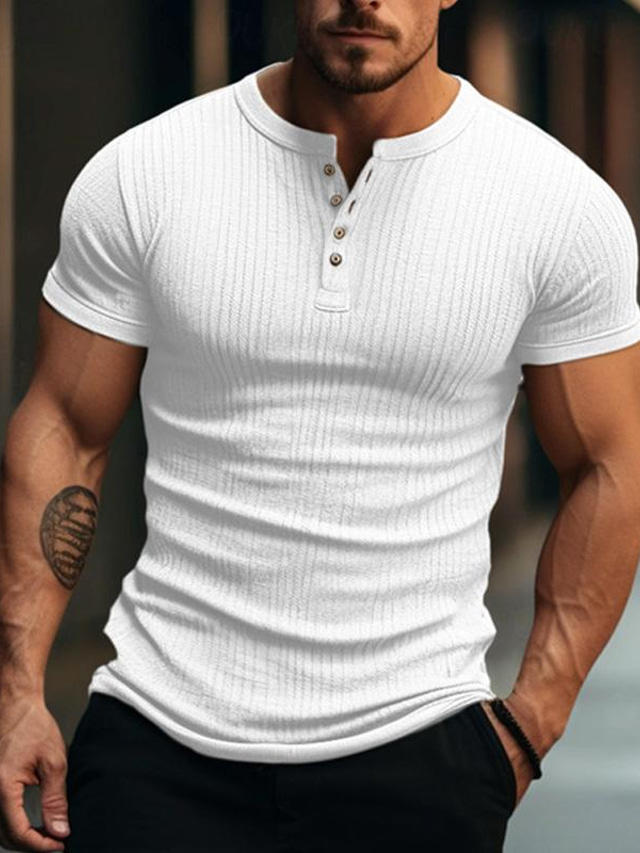  Hombre Henley Shirt Camiseta de punto acanalado Camiseta superior Plano Henley Calle Vacaciones Mangas cortas Ropa Moda Design Básico