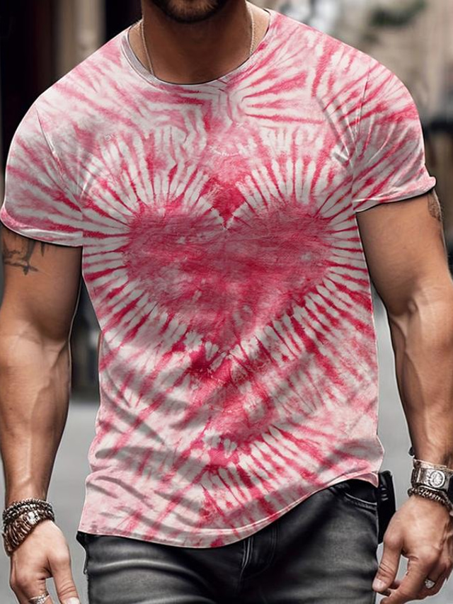  Valentine's Day Heart Graphic Tie Dye Men's Daily Designer Casual 3D Print T shirt Tee Valentine's Day Holiday Going out T shirt Pink Red & White Purple Short Sleeve Crew Neck Shirt Spring & Summer