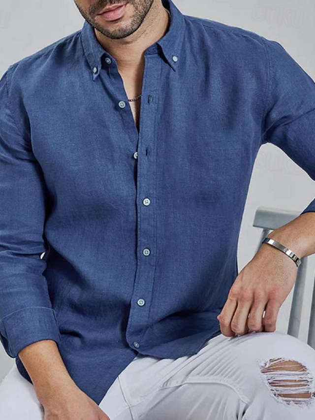  Men's Shirt Linen Shirt Button Up Shirt Casual Shirt White Blue Sky Blue Long Sleeve Plain Button Down Collar Spring &  Fall Casual Daily Clothing Apparel Front Pocket