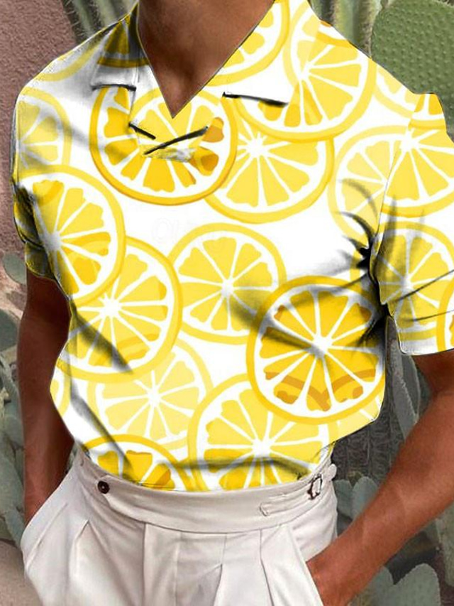  Zitronengelb Geometrie Herren Resort 3D Bedruckt Poloshirt Golfpolo Outdoor Freizeitskleidung Strassenmode Piqué-Poloshirt Kurzarm Kubanisches Halsband Polo-Shirts Weiß Gelb Sommer S M L