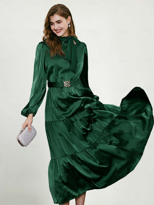  Green Elegant Party/Wedding Guest Ruffle Belted Tied Neck Long Sleeve Maxi Dress dress to impress Christmas Dress 2024