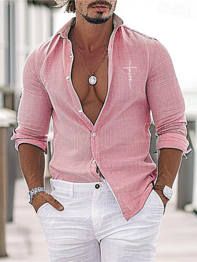  Homme Coton Lin Chemise Chemise Lin Foi Imprimer manche longue Col rabattu Blanche, Rose Claire, Bleu Chemise Extérieur du quotidien Vacances