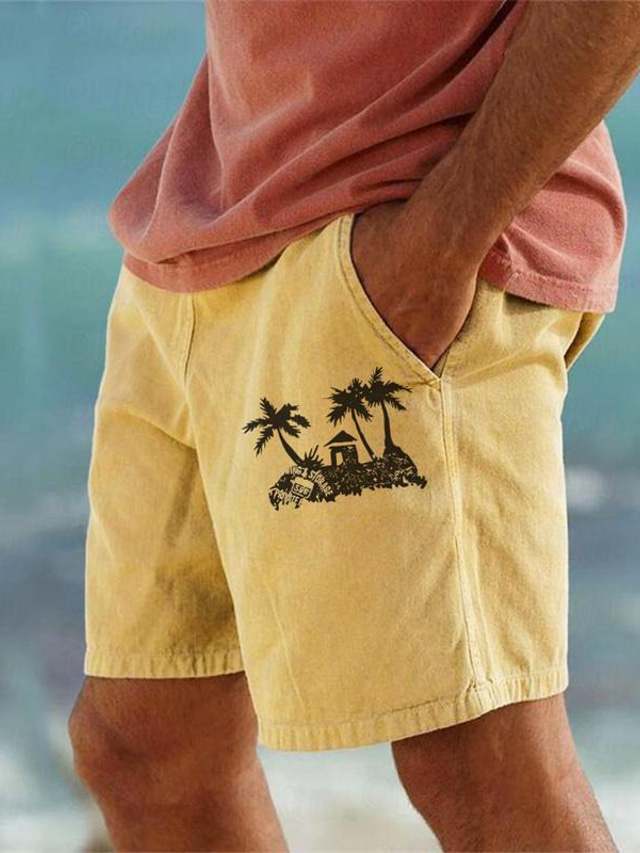  Coconut Tree Herren-Shorts aus 10 % Leinen, Sommer-Hawaiian-Shorts, Strand-Shorts, bedruckt, Kordelzug, elastische Taille, atmungsaktiv, weich, kurz, lässig, täglich, Urlaub, Streetwear