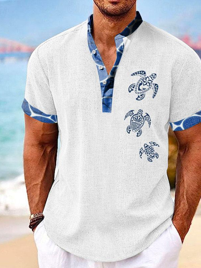  قميص سلحفاة رجالي هاواي مطبوع ثلاثي الأبعاد قميص هينلي قميص صيفي لقضاء العطلات والخروج في الربيع & ياقة واقفة صيفية وأكمام قصيرة أزرق فاتح وأسود وأبيض S M L