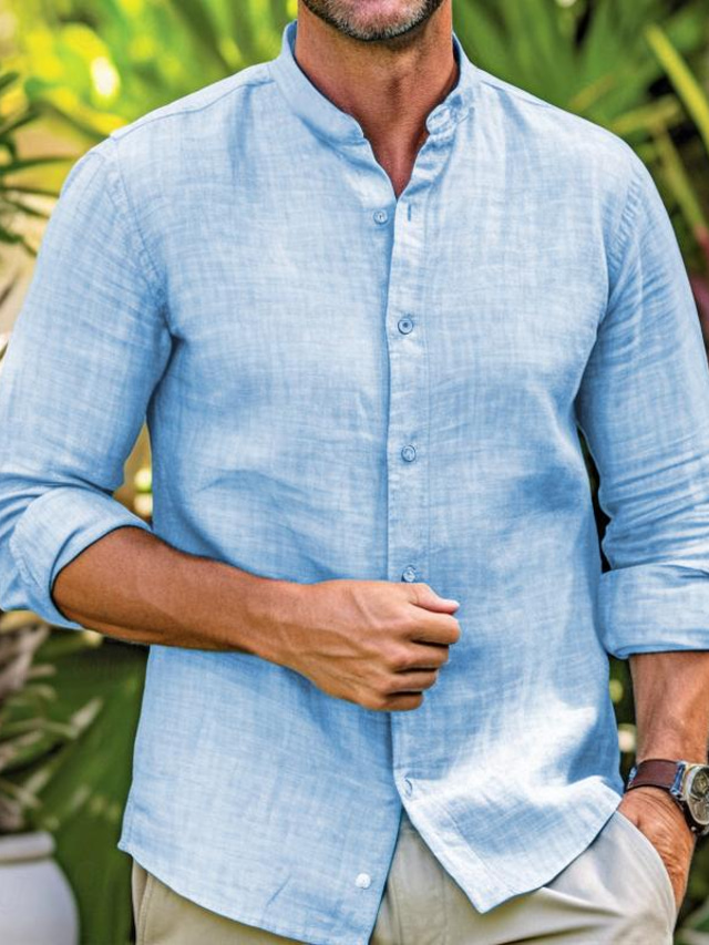  Men's Shirt Button Up Shirt Beach Shirt White Pink Blue Long Sleeve Plain Band Collar Spring & Summer Casual Daily Clothing Apparel