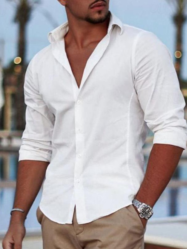  Homens Camisa Social camisa de linho camisa de botão camisa de praia Branco Manga Longa Tecido Lapela Primavera & Outono Casual Diário Roupa